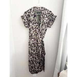 J. Crew Leopard Print Wrap Dress Short Sleeve Midi Belted Womens XS